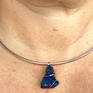 Gorgeous Blue Iridescent Agate Pendant Wire Wrapped by Hand